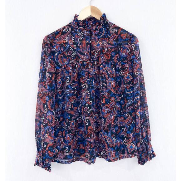 Willow Drive Women's Paisley Print Chiffon Blouse Long Sleeve Ruffle Cuff Small - Picture 2 of 7